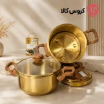 ست قابلمه طلایی با بخار غذا و طراحی شیک، دسته‌های طرح چوب
